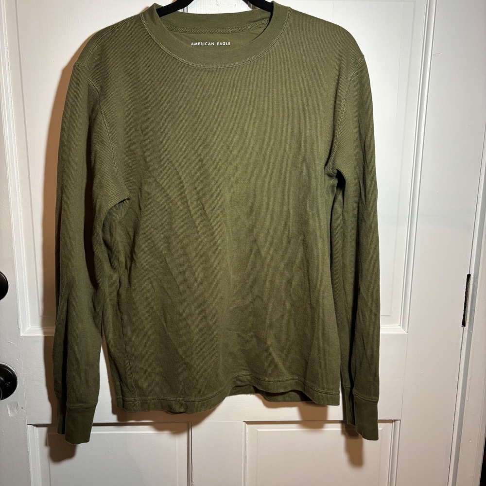 American Eagle Mens Medium Long Sleeve Thermal Shirt Olive Green Waffle Knit Top